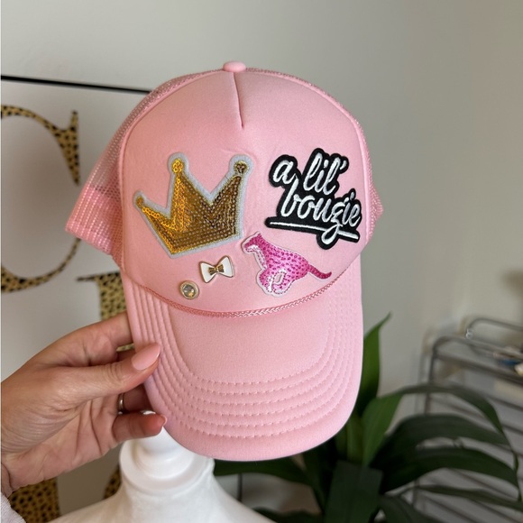 Pink Trucker Hat with Gold Crown and Embellishments